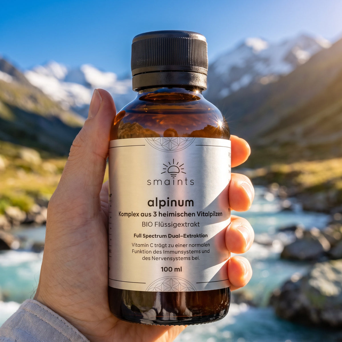 alpinum in der Hand vor Bergpanorama