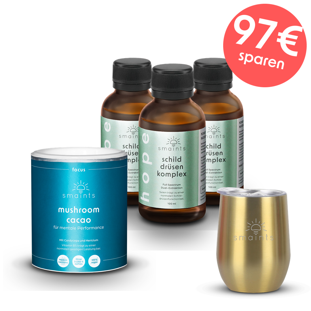 Schilddrüsen-Kur 3 Monate mit Mushroom Cacao und Golden Thermo Mug – 97 € sparen